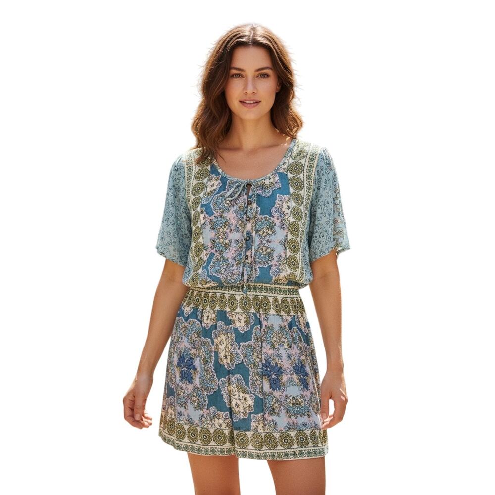 Angie Dress Multicolor Boho Floral Button Front Tie Neck - Blue, Gold - Small